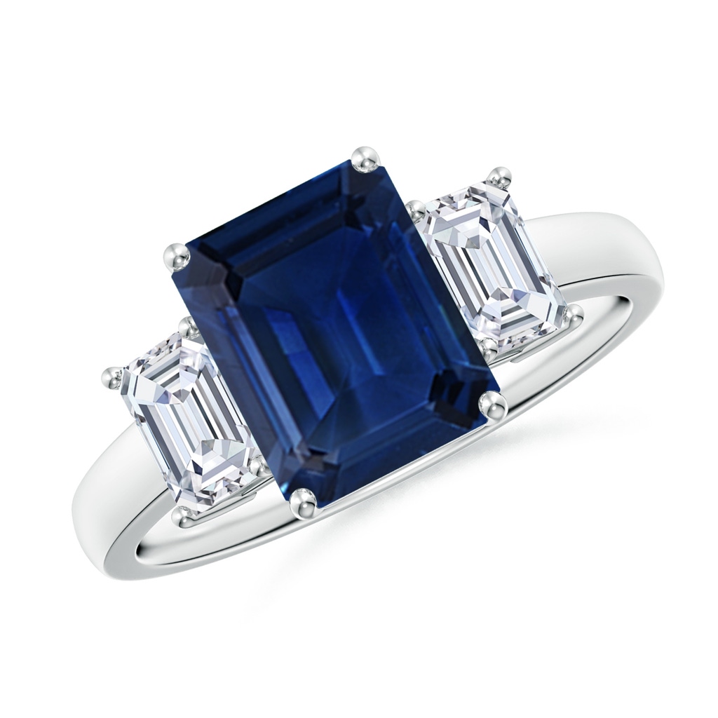 9x7mm AAA Emerald-Cut Blue Sapphire and Diamond Three Stone Ring in White Gold