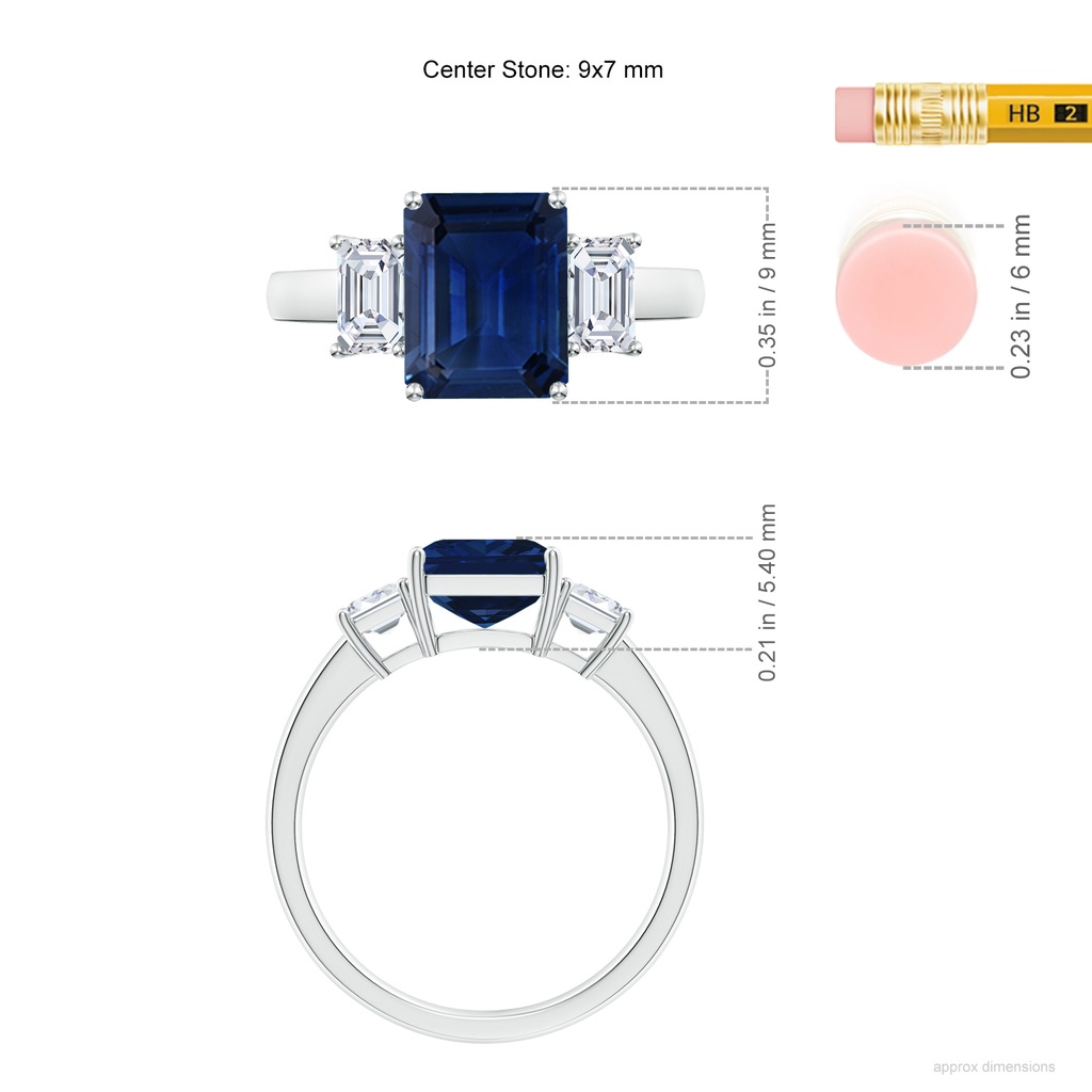 9x7mm AAA Emerald-Cut Blue Sapphire and Diamond Three Stone Ring in White Gold ruler