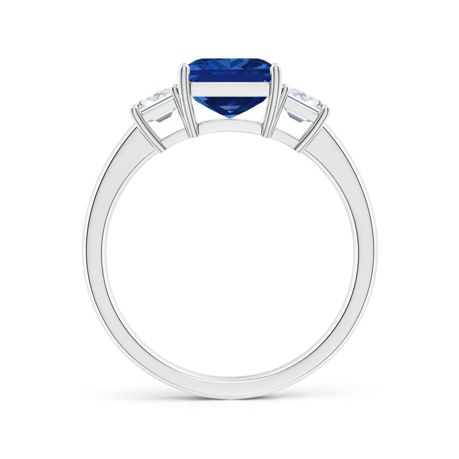 9x7mm AAAA Emerald-Cut Blue Sapphire and Diamond Three Stone Ring in S999 Silver