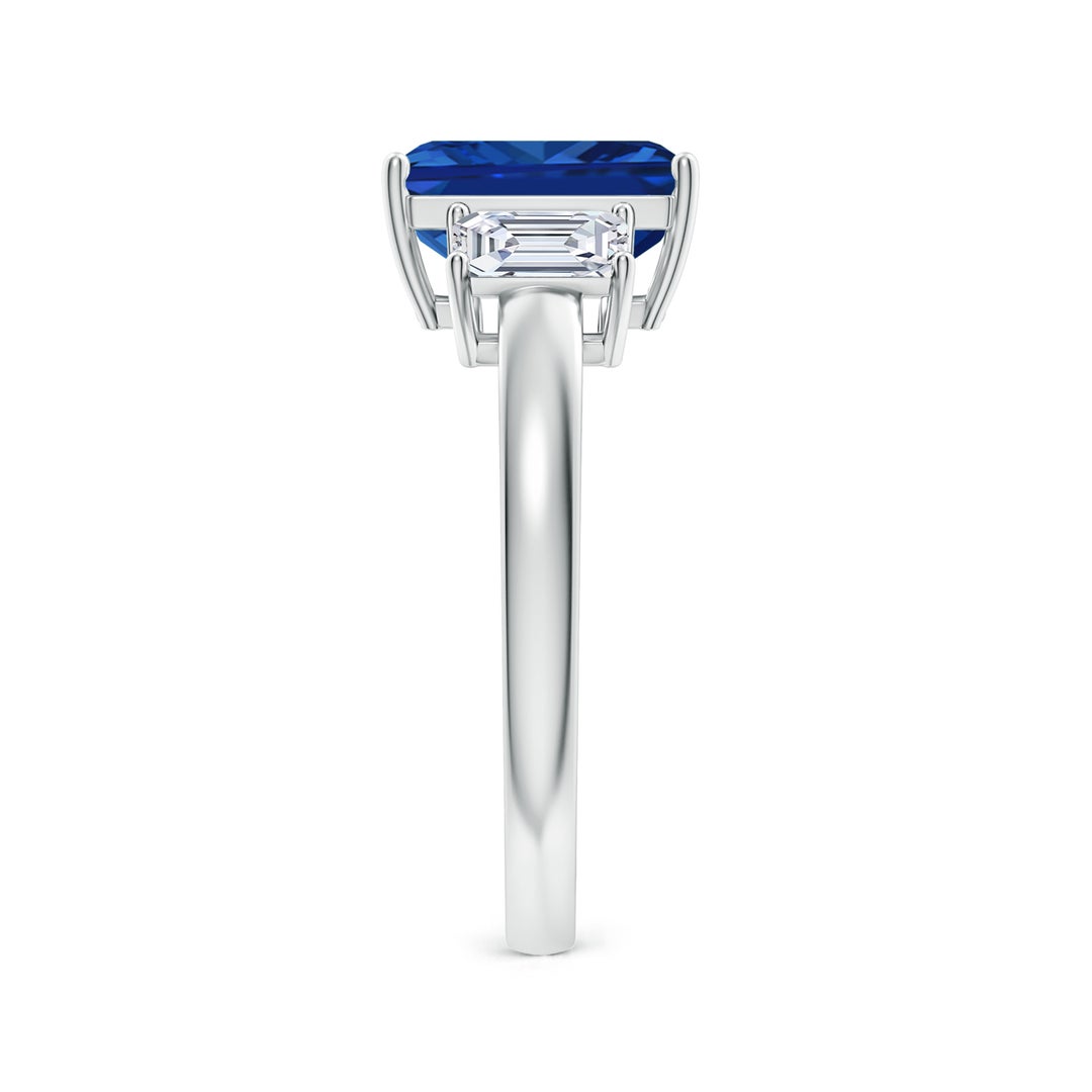 9x7mm AAAA Emerald-Cut Blue Sapphire and Diamond Three Stone Ring in White Gold - side 7