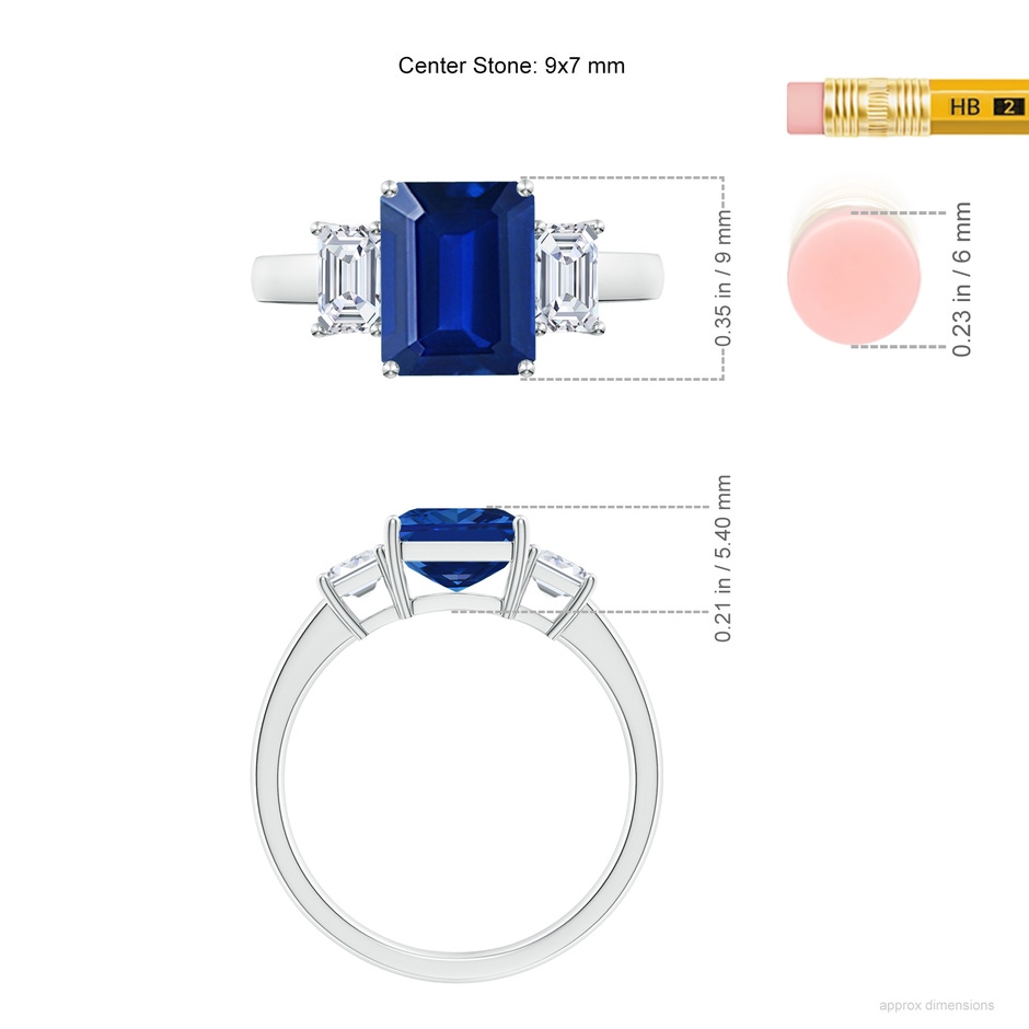 9x7mm Lab-Grown Emerald-Cut Blue Sapphire and Diamond Three Stone Ring in White Gold ruler