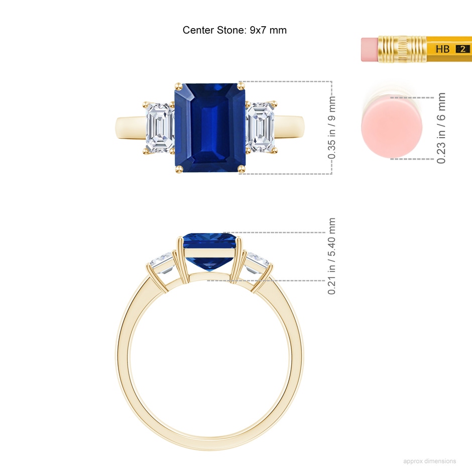 9x7mm AAAA Emerald-Cut Blue Sapphire and Diamond Three Stone Ring in Yellow Gold ruler
