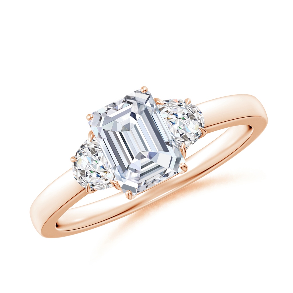 7x5mm GVS2 Emerald-Cut and Half Moon Diamond Three Stone Ring in Rose Gold 