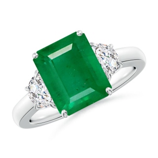 10x8mm AA Emerald-Cut Emerald and Half Moon Diamond Three Stone Ring in P950 Platinum