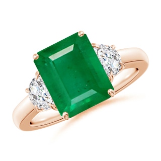 10x8mm AA Emerald-Cut Emerald and Half Moon Diamond Three Stone Ring in Rose Gold