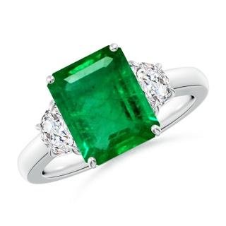 10x8mm AAA Emerald-Cut Emerald and Half Moon Diamond Three Stone Ring in P950 Platinum