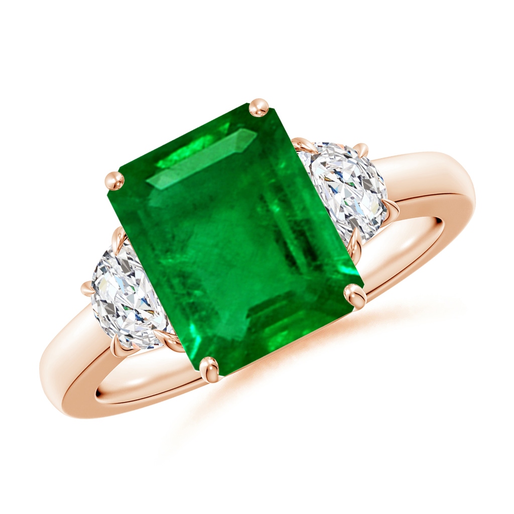 10x8mm AAAA Emerald-Cut Emerald and Half Moon Diamond Three Stone Ring in Rose Gold