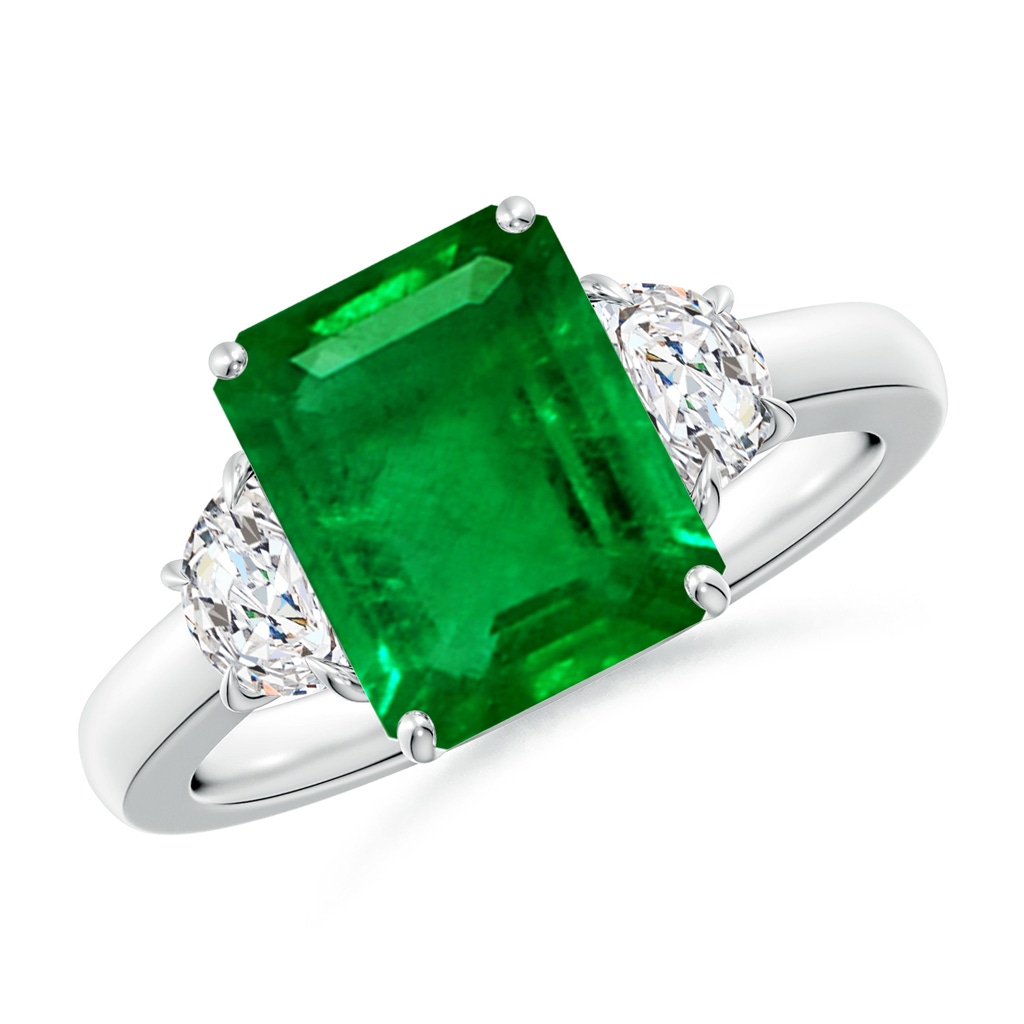 10x8mm AAAA Emerald-Cut Emerald and Half Moon Diamond Three Stone Ring in S999 Silver