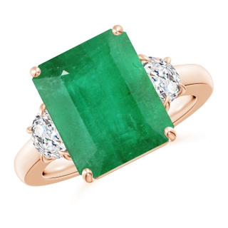 12x10mm A Emerald-Cut Emerald and Half Moon Diamond Three Stone Ring in Rose Gold