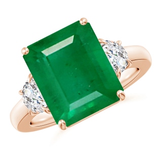 12x10mm AA Emerald-Cut Emerald and Half Moon Diamond Three Stone Ring in Rose Gold