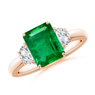 9x7mm AAA Emerald-Cut Emerald and Half Moon Diamond Three Stone Ring in Rose Gold