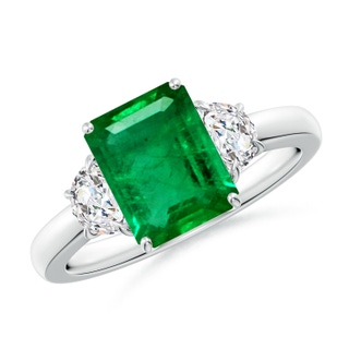 9x7mm AAA Emerald-Cut Emerald and Half Moon Diamond Three Stone Ring in S999 Silver