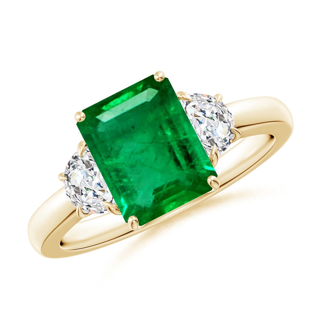 9x7mm AAA Emerald-Cut Emerald and Half Moon Diamond Three Stone Ring in Yellow Gold