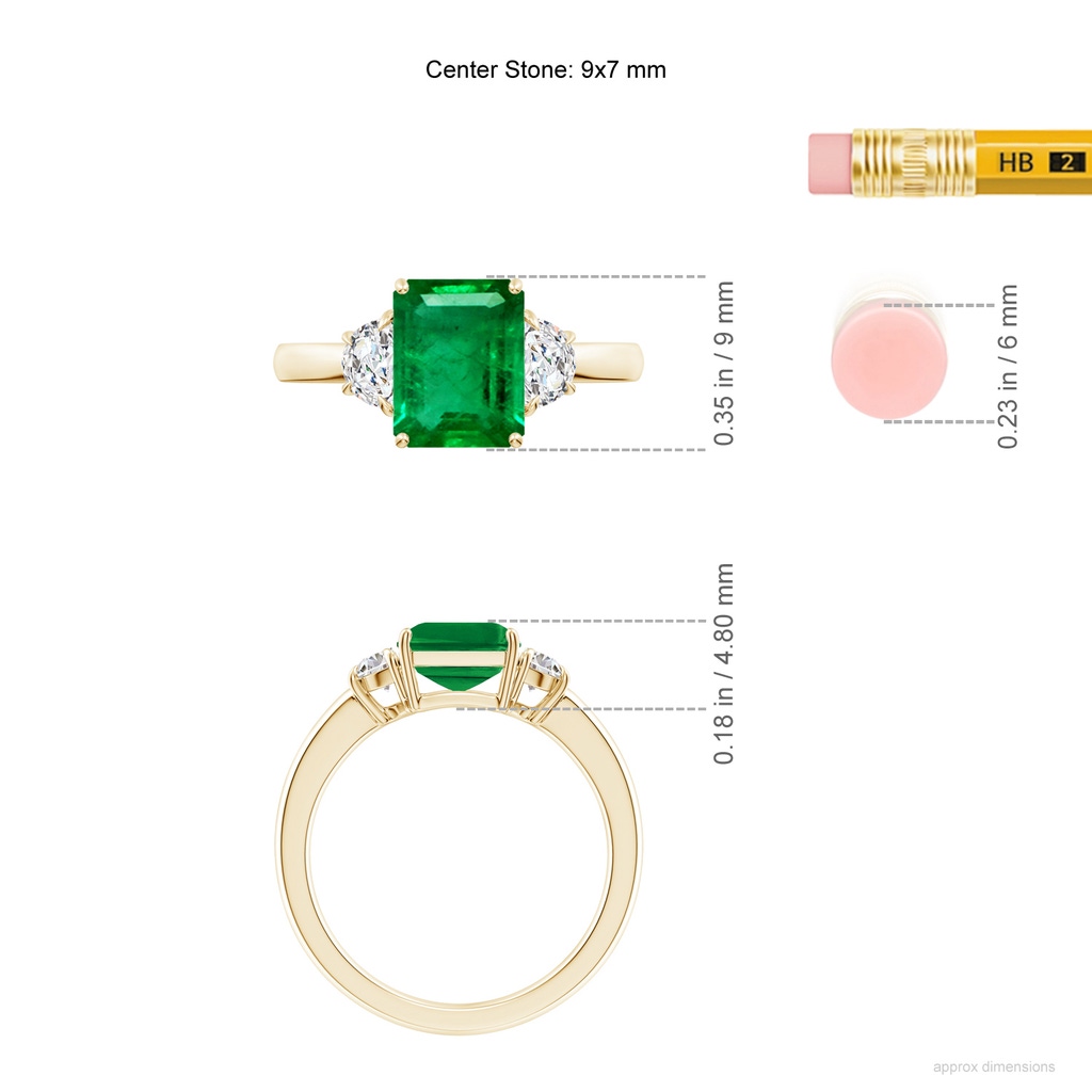 9x7mm AAA Emerald-Cut Emerald and Half Moon Diamond Three Stone Ring in Yellow Gold ruler