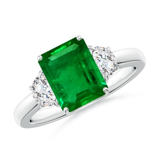 9x7mm AAAA Emerald-Cut Emerald and Half Moon Diamond Three Stone Ring in P950 Platinum