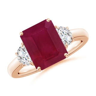 10x8mm A Emerald-Cut Ruby and Half Moon Diamond Three Stone Ring in 10K Rose Gold