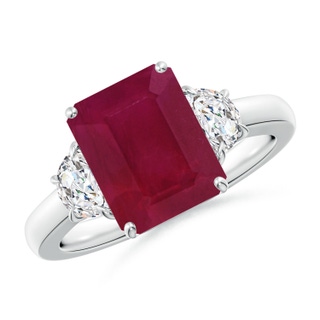 10x8mm A Emerald-Cut Ruby and Half Moon Diamond Three Stone Ring in S999 Silver