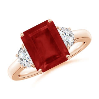10x8mm AA Emerald-Cut Ruby and Half Moon Diamond Three Stone Ring in Rose Gold