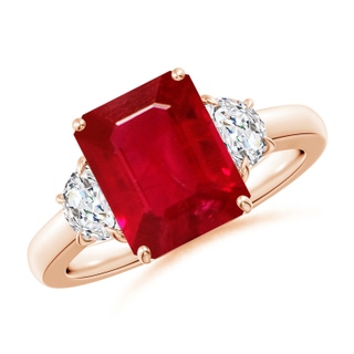 10x8mm AAA Emerald-Cut Ruby and Half Moon Diamond Three Stone Ring in Rose Gold