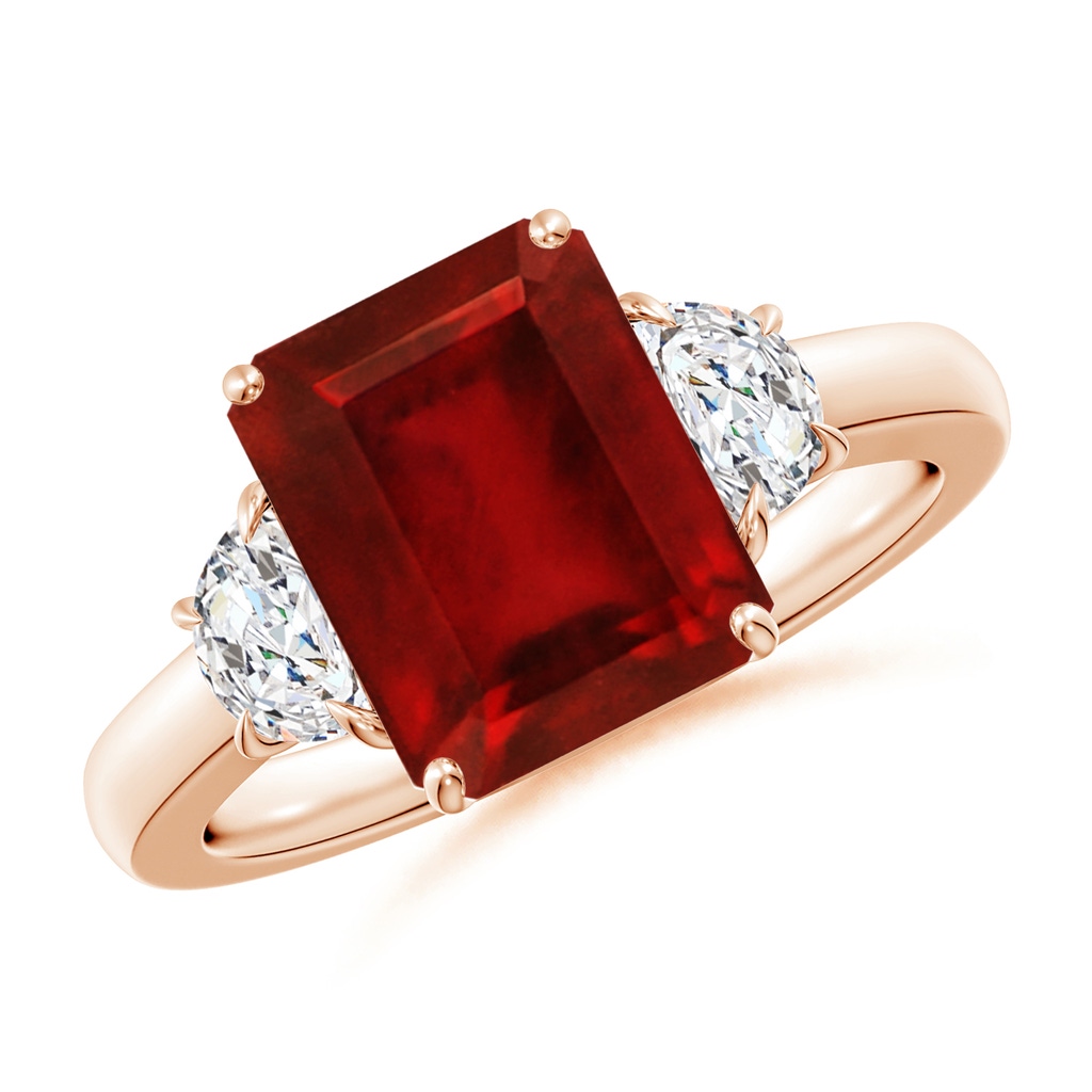 10x8mm AAAA Emerald-Cut Ruby and Half Moon Diamond Three Stone Ring in Rose Gold