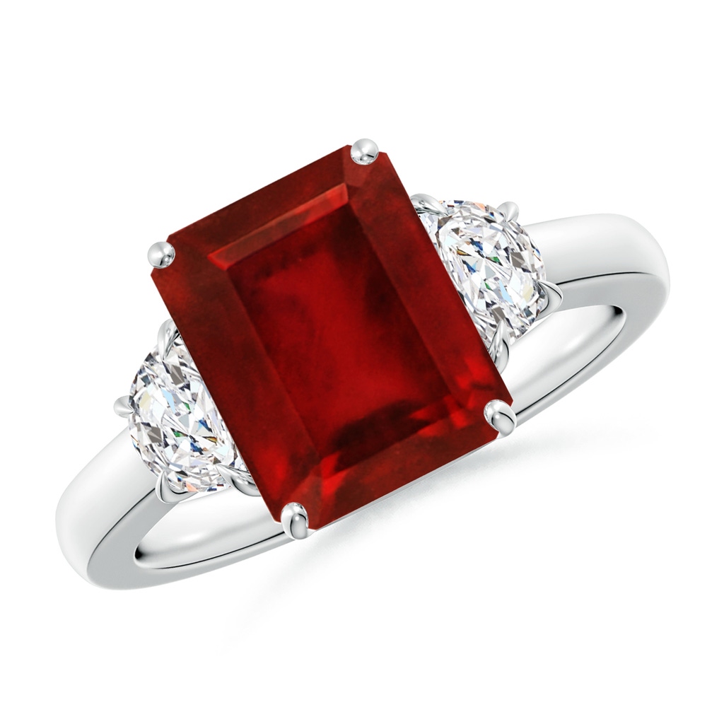 10x8mm AAAA Emerald-Cut Ruby and Half Moon Diamond Three Stone Ring in White Gold