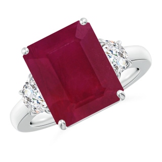 12x10mm A Emerald-Cut Ruby and Half Moon Diamond Three Stone Ring in P950 Platinum