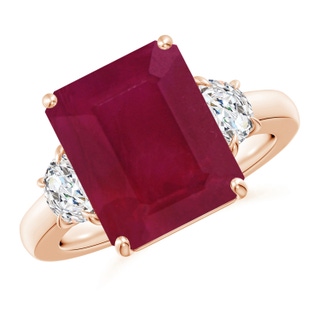 12x10mm A Emerald-Cut Ruby and Half Moon Diamond Three Stone Ring in Rose Gold