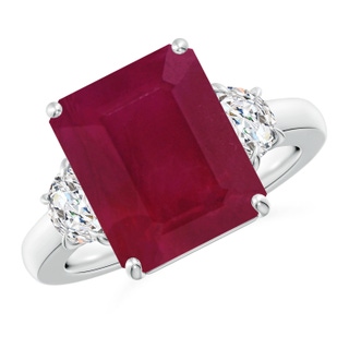 12x10mm A Emerald-Cut Ruby and Half Moon Diamond Three Stone Ring in S999 Silver
