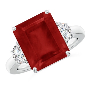 12x10mm AA Emerald-Cut Ruby and Half Moon Diamond Three Stone Ring in S999 Silver