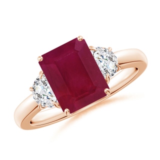 9x7mm A Emerald-Cut Ruby and Half Moon Diamond Three Stone Ring in 10K Rose Gold
