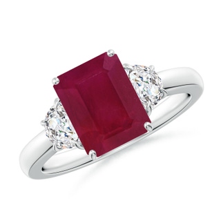 9x7mm A Emerald-Cut Ruby and Half Moon Diamond Three Stone Ring in S999 Silver