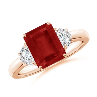 9x7mm AA Emerald-Cut Ruby and Half Moon Diamond Three Stone Ring in Rose Gold