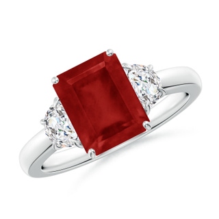 9x7mm AA Emerald-Cut Ruby and Half Moon Diamond Three Stone Ring in S999 Silver