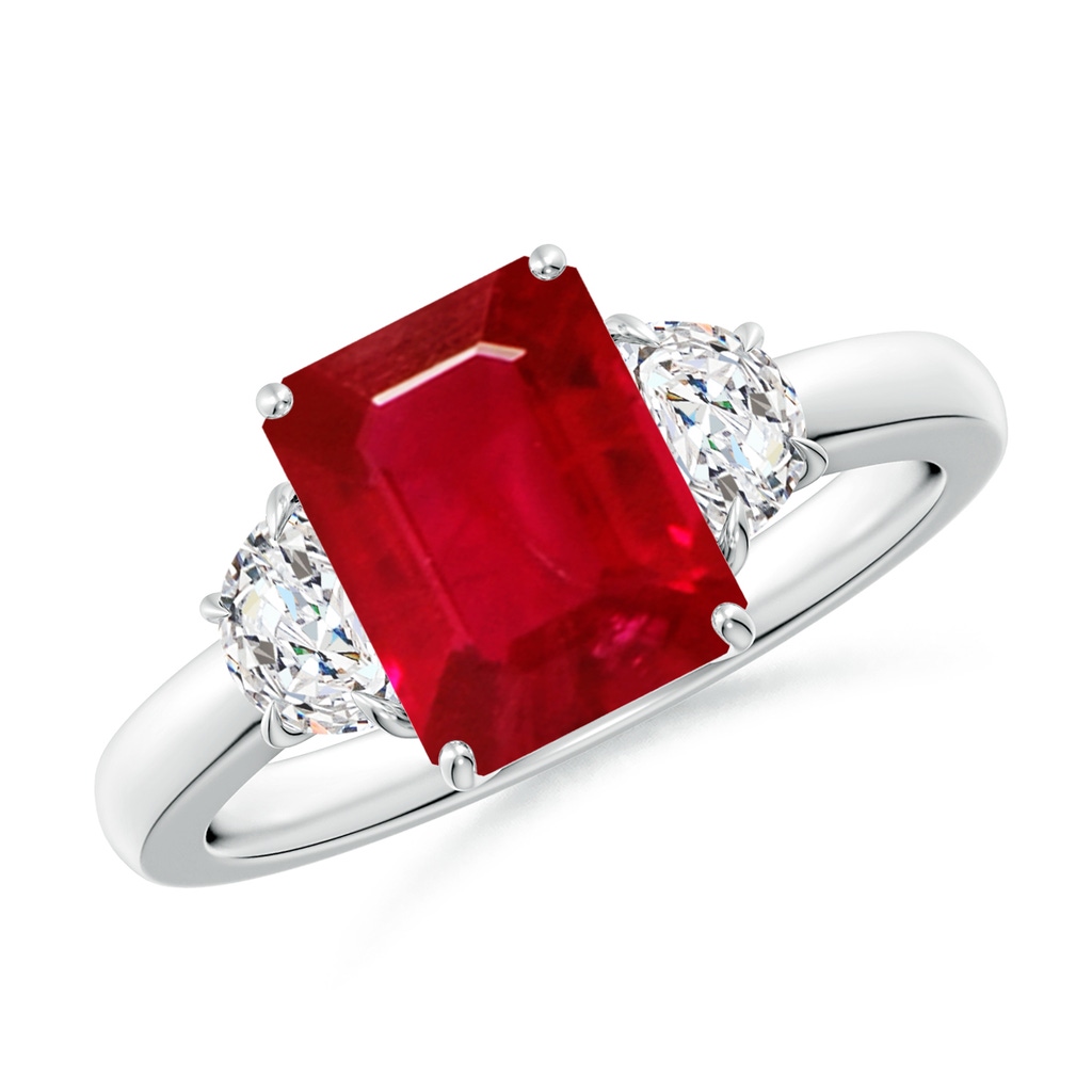 9x7mm AAA Emerald-Cut Ruby and Half Moon Diamond Three Stone Ring in White Gold