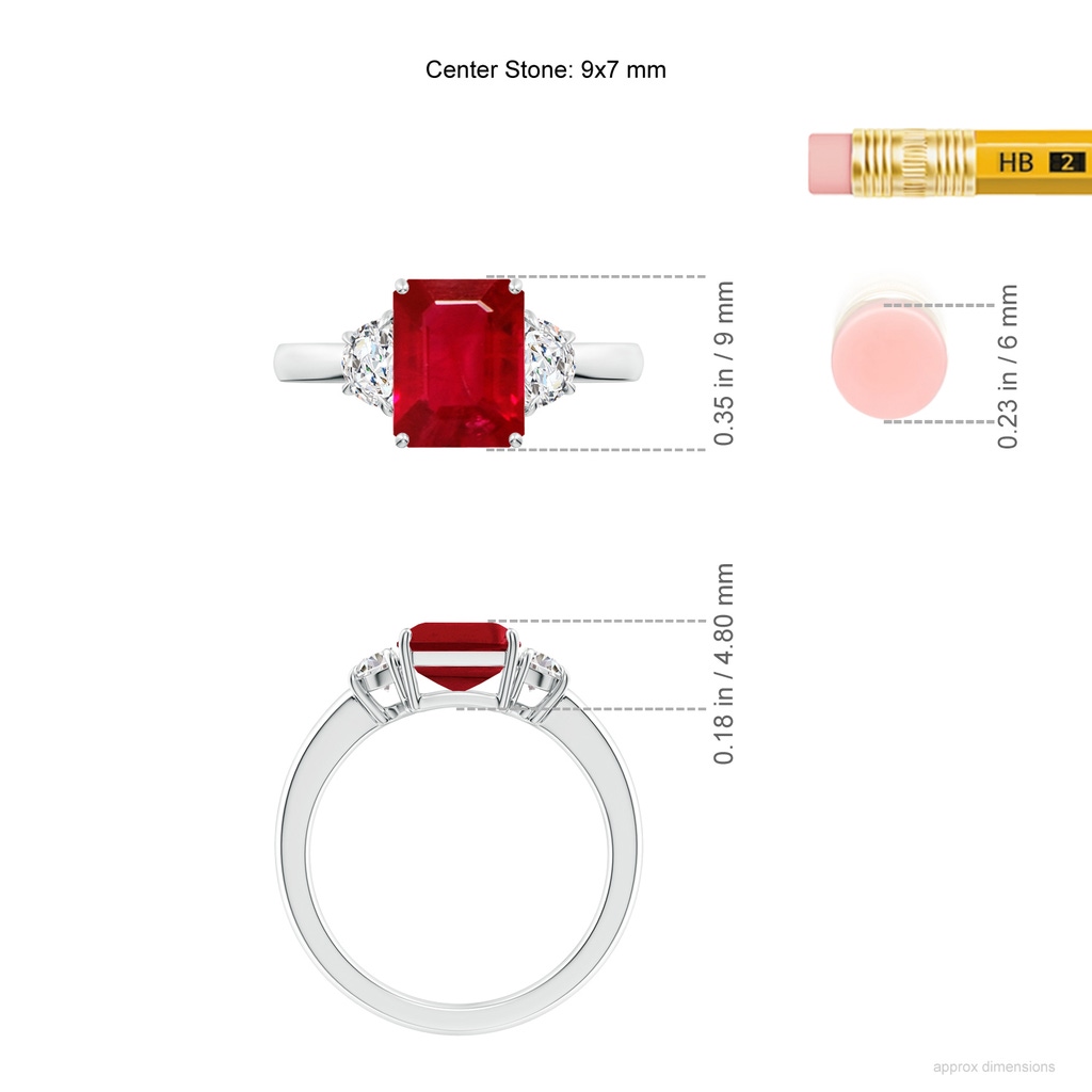 9x7mm AAA Emerald-Cut Ruby and Half Moon Diamond Three Stone Ring in White Gold ruler