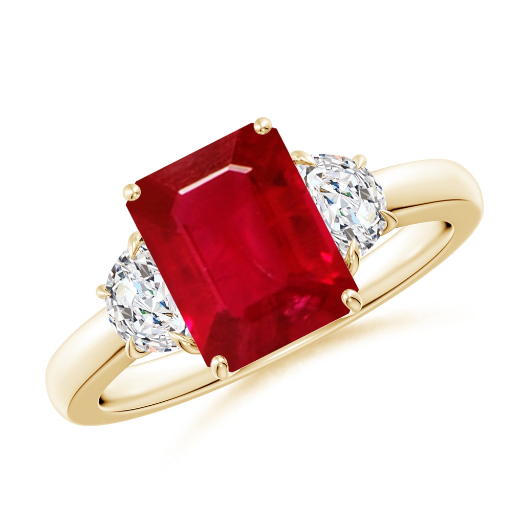9x7mm AAA Emerald-Cut Ruby and Half Moon Diamond Three Stone Ring in Yellow Gold