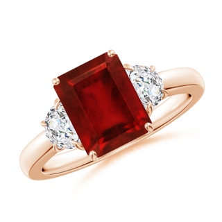 9x7mm AAAA Emerald-Cut Ruby and Half Moon Diamond Three Stone Ring in Rose Gold