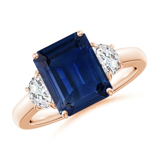 10x8mm AAA Emerald-Cut Blue Sapphire and Half Moon Diamond Three Stone Ring in Rose Gold