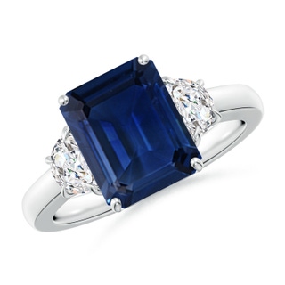 10x8mm AAA Emerald-Cut Blue Sapphire and Half Moon Diamond Three Stone Ring in S999 Silver