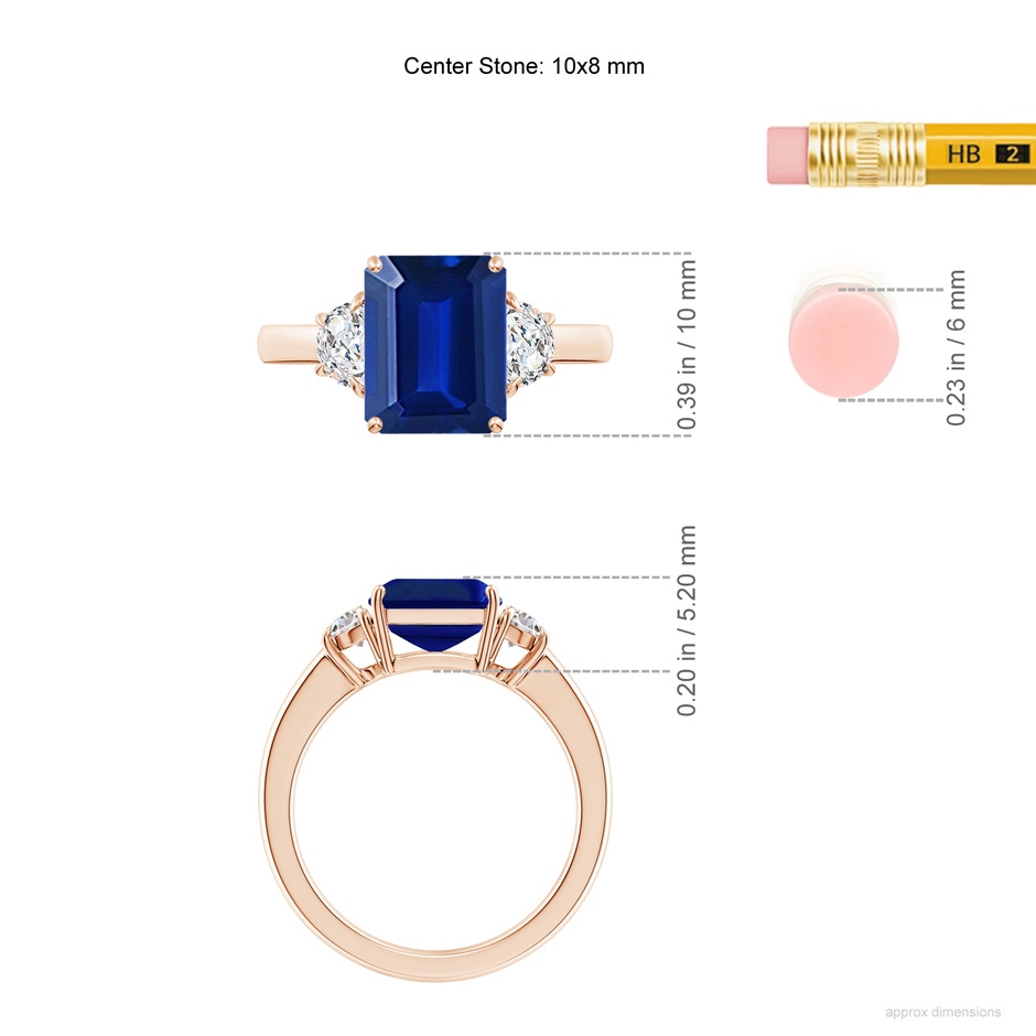 10x8mm Lab-Grown Emerald-Cut Blue Sapphire and Half Moon Diamond Three Stone Ring in Rose Gold ruler