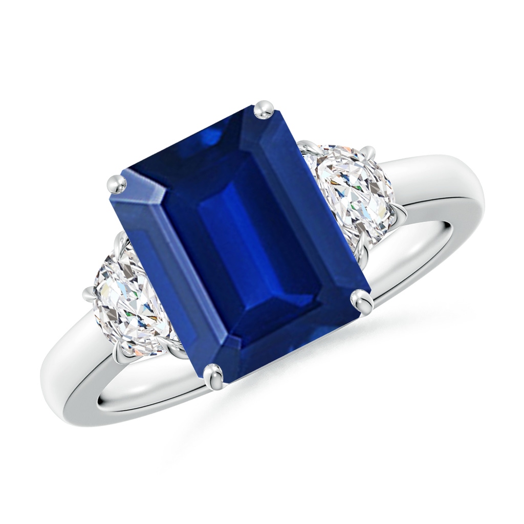 10x8mm AAAA Emerald-Cut Blue Sapphire and Half Moon Diamond Three Stone Ring in S999 Silver