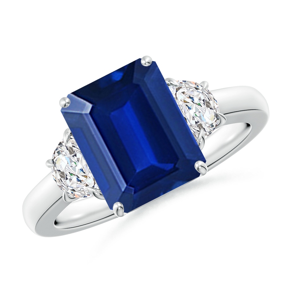 10x8mm Lab-Grown Emerald-Cut Blue Sapphire and Half Moon Diamond Three Stone Ring in White Gold 