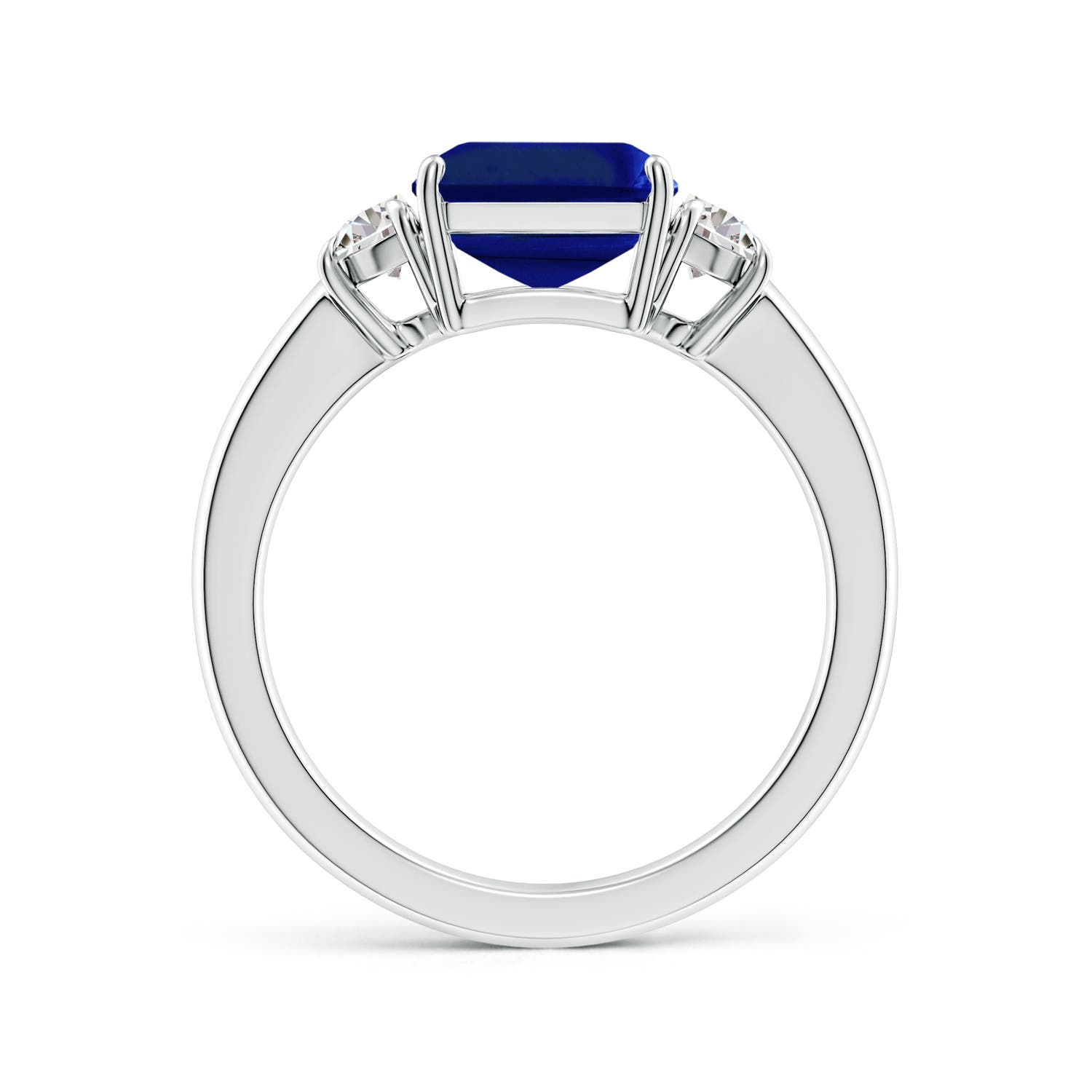 10x8mm AAAA Emerald-Cut Blue Sapphire and Half Moon Diamond Three Stone Ring in White Gold - side 3
