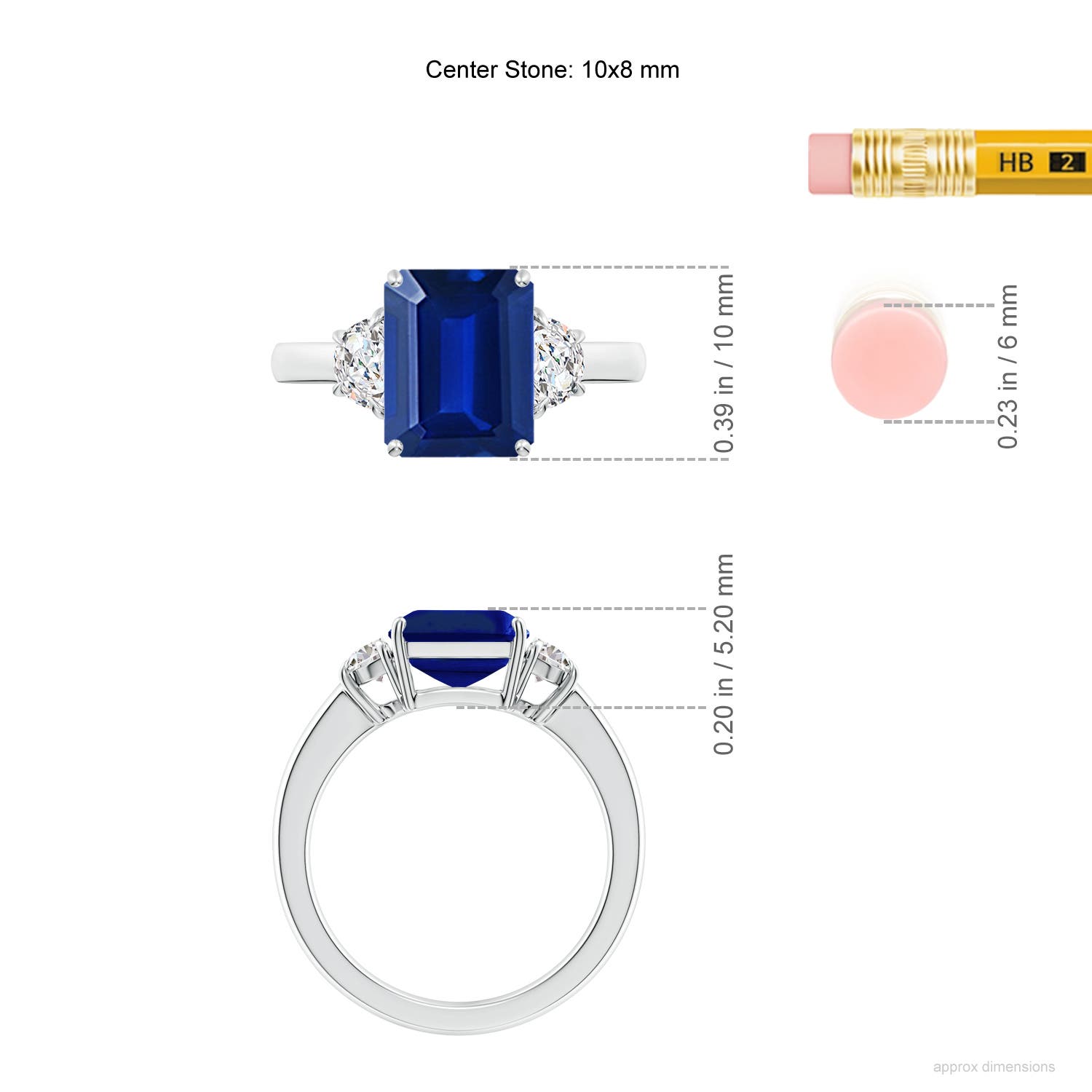 10x8mm AAAA Emerald-Cut Blue Sapphire and Half Moon Diamond Three Stone Ring in White Gold - ruler