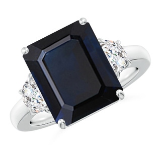 12x10mm A Emerald-Cut Blue Sapphire and Half Moon Diamond Three Stone Ring in P950 Platinum