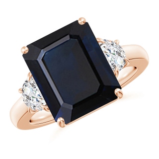 12x10mm A Emerald-Cut Blue Sapphire and Half Moon Diamond Three Stone Ring in Rose Gold