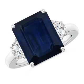 12x10mm AA Emerald-Cut Blue Sapphire and Half Moon Diamond Three Stone Ring in P950 Platinum