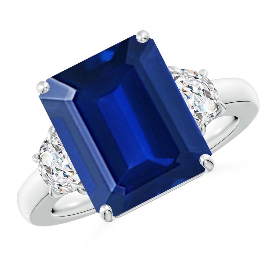 12x10mm Lab-Grown Emerald-Cut Blue Sapphire and Half Moon Diamond Three Stone Ring in P950 Platinum 