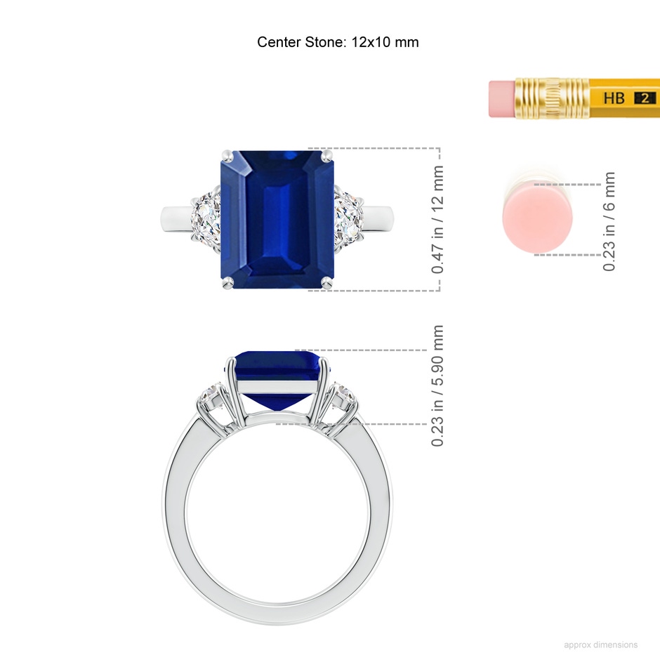 12x10mm Lab-Grown Emerald-Cut Blue Sapphire and Half Moon Diamond Three Stone Ring in P950 Platinum ruler