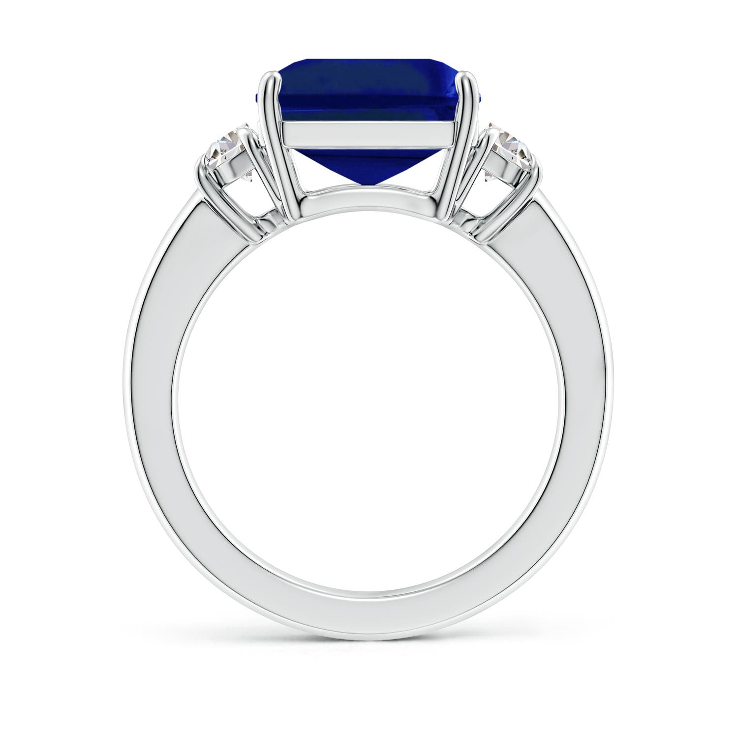 12x10mm AAAA Emerald-Cut Blue Sapphire and Half Moon Diamond Three Stone Ring in White Gold